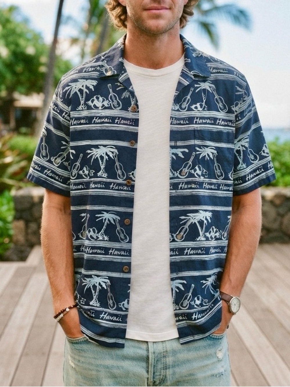 Vintage Bugle Boy Dark Blue Hawaiian Print Shirt. Size Medium